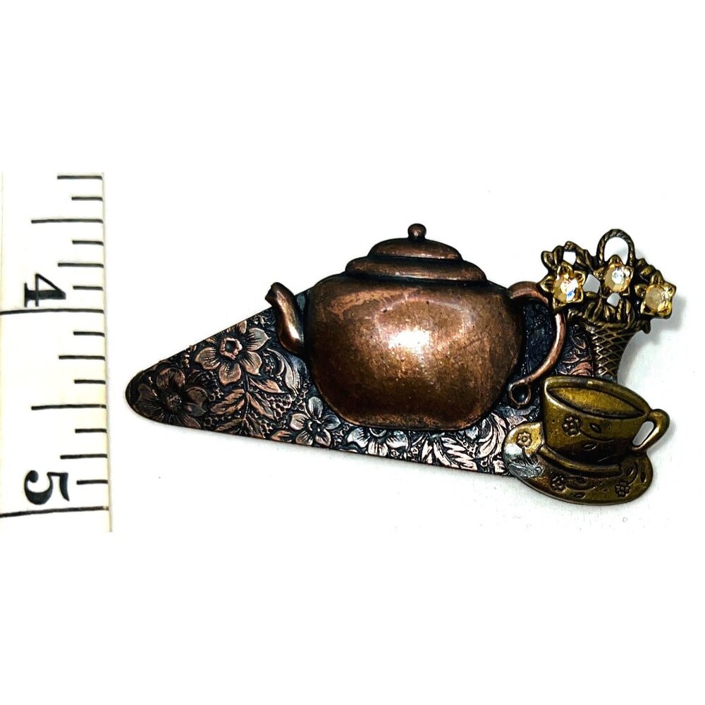 Vintage Copper & Brass Teapot Brooch With Floral Design & Rhinestone Accents - Picture 2 of 3